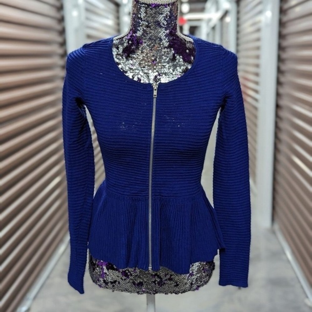 Office Siren Y2K Peplum Zip Cardigan Sweater Cobalt Blue INC Size XS Careercore